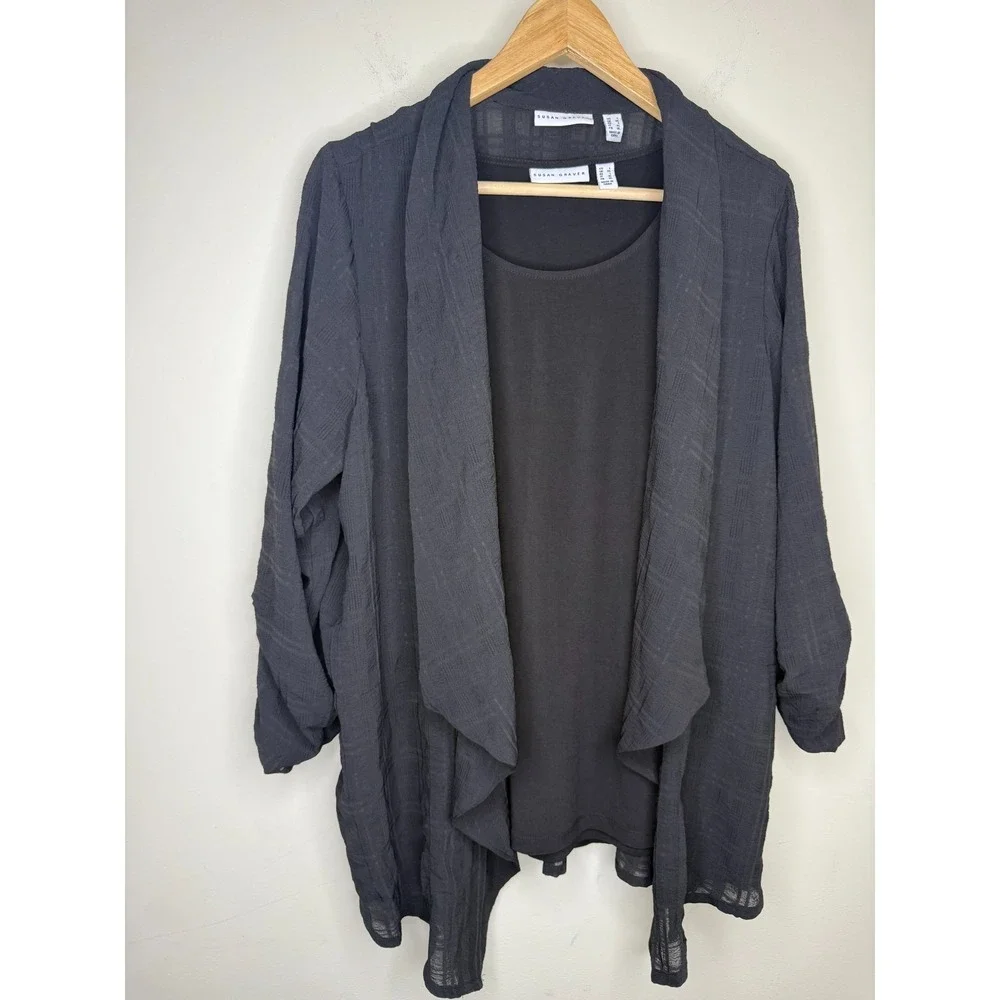Susan Graver Regular Textured Woven Cardigan & Knit Tank Set Black, L #15- - Picture 2 of 6